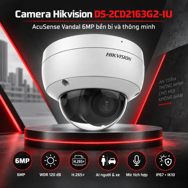 Camera Hikvision bán cầu AcuSense Vandal 6 MP DS-2CD2163G2-IU