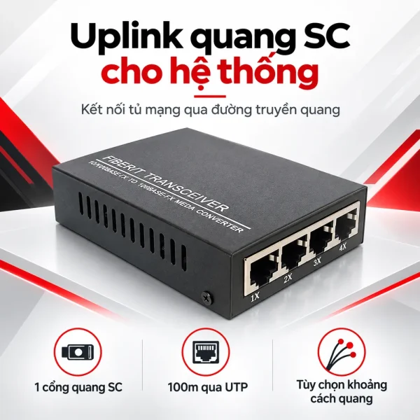 Switch chia mạng BTON 4 cổng PoE 10/100M + Fiber BT-6104 FE-25A