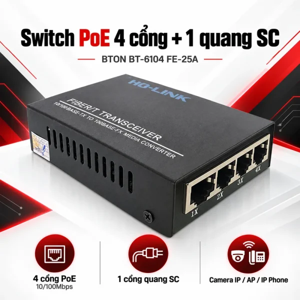 Switch chia mạng BTON 4 cổng PoE 10/100M + Fiber BT-6104 FE-25A