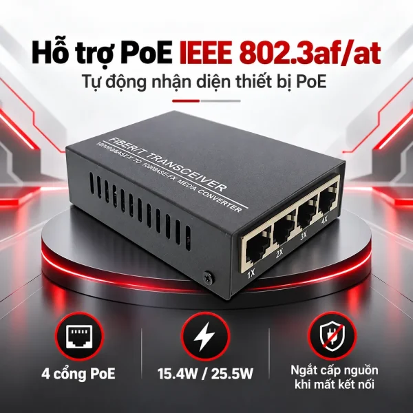 Switch chia mạng BTON 4 cổng PoE 10/100M + Fiber BT-6104 FE-25A