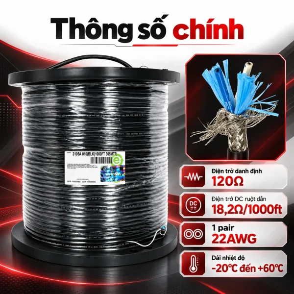 Cáp tín hiệu RS-485 Belden 3105A 1 Pair 22AWG 120Ω chống nhiễu