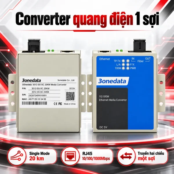 Converter 3Onedata 1 sợi 10/100/1000M 3012-SS-SC 20KM