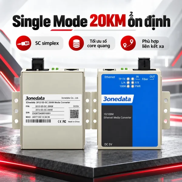 Converter 3Onedata 1 sợi 10/100/1000M 3012-SS-SC 20KM