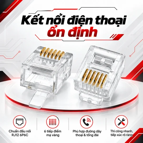 Đầu Điện Thoại HDTEC RJ12 (Mạ Vàng)