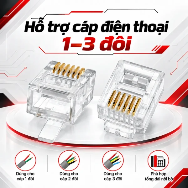Đầu Điện Thoại HDTEC RJ12 (Mạ Vàng)