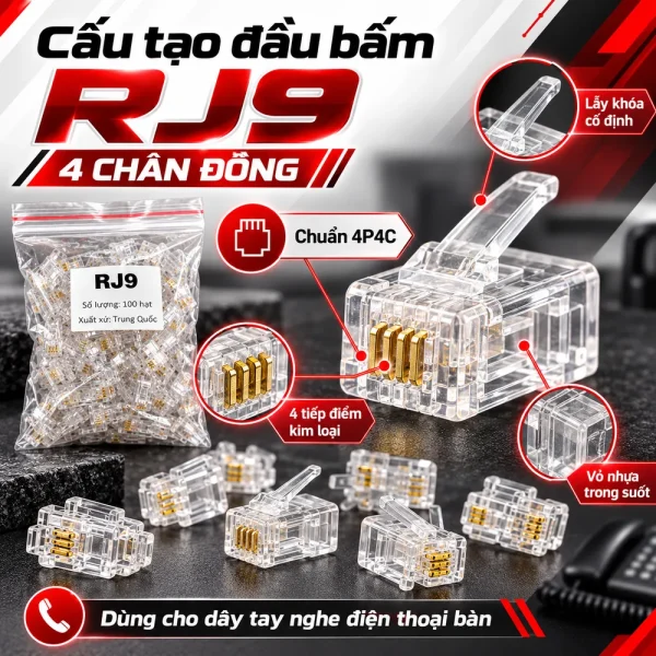 Hạt đầu bấm RJ9 4 chân đồng China
