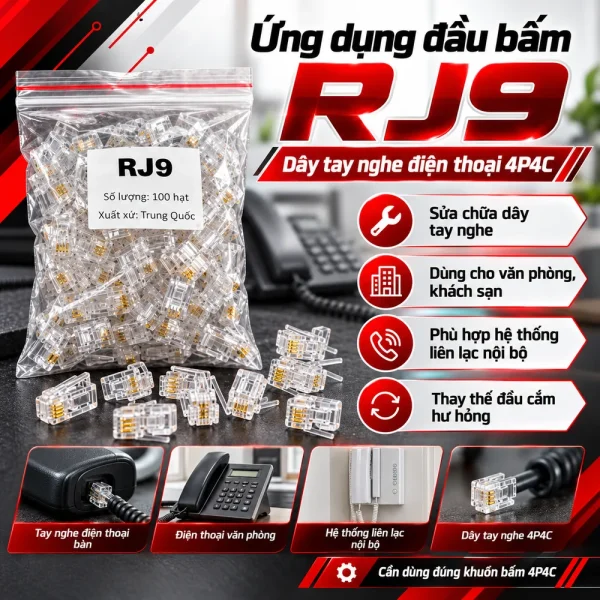 Hạt đầu bấm RJ9 4 chân đồng China