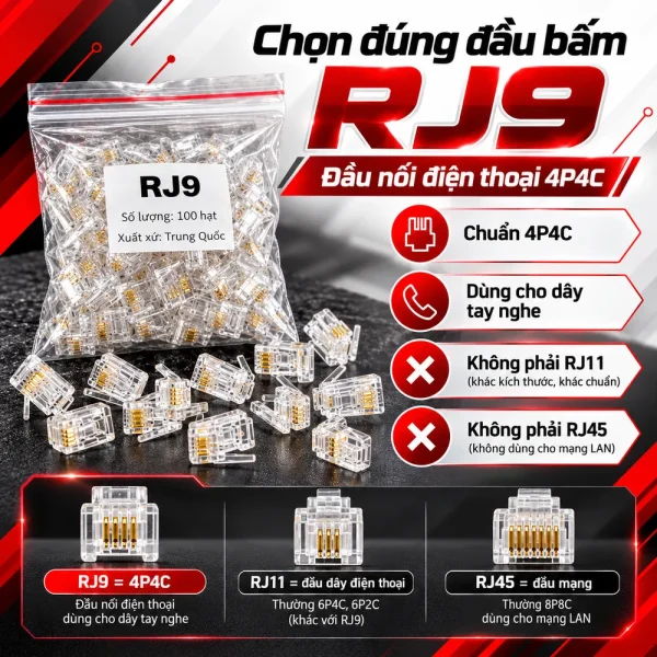 Hạt đầu bấm RJ9 4 chân đồng China