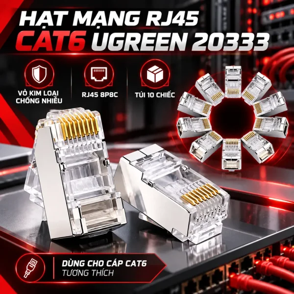 Hạt mạng RJ45 Cat6 Ugreen 20333 bọc kim loại (túi 10 hạt)