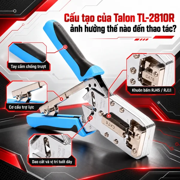 Kìm bấm mạng Talon TL-2810R Cat6: Hỗ trợ RJ45, RJ11 và đầu ba mảnh