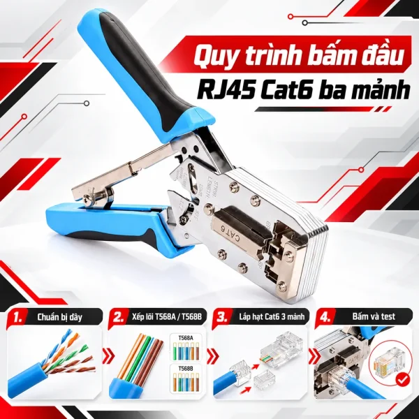 Kìm bấm mạng Talon TL-2810R Cat6: Hỗ trợ RJ45, RJ11 và đầu ba mảnh