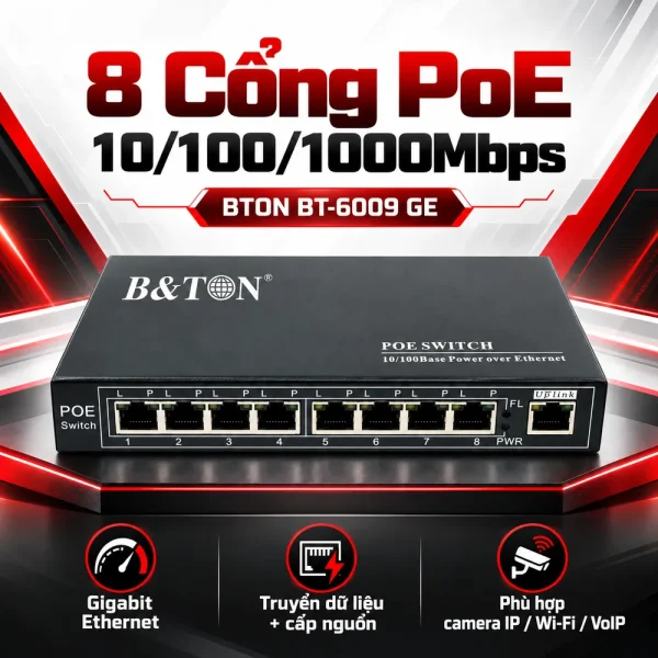 Switch PoE BTON 8 port Gigabit + 1 port UTP BT-6009 GE