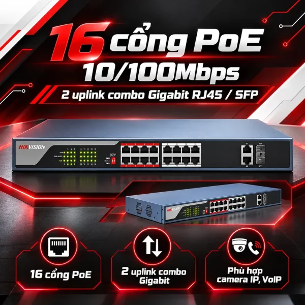 Switch POE Không Quản Lý 16 Cổng HIKVISION DS-3E0318P-E