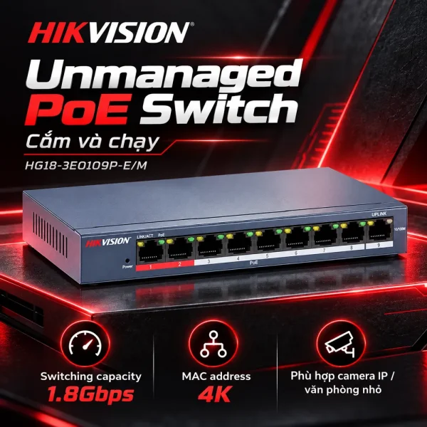 Switch POE Không Quản Lý 9 Cổng HIKVISION HG18-3E0109P-E/M